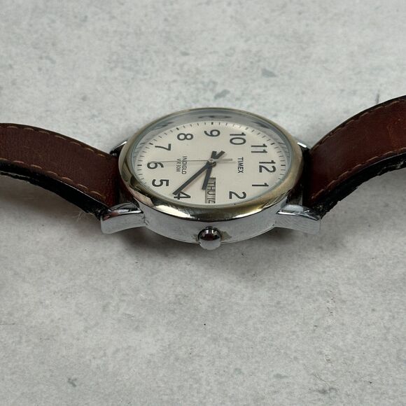 Timex Watch Mens 35mm Day Date Indiglo Two Tone Brown Band Quartz New Battery - Picture 3 of 13